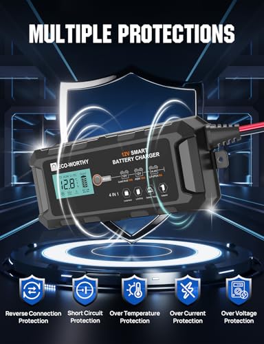 ECO-WORTHY 10A LiFePO4 Battery Charger 12V, Smart Lithium Battery Charger & Maintainer, Trickle Charger and Desulfator for Lead Acid, RV, Car, Motorcycle, Marine, Boat