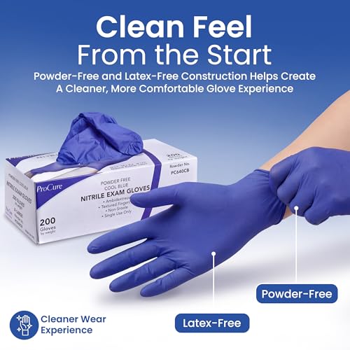 ProCure [200 Count] Disposable Nitrile Gloves - Latex Free, Powder Free Medical Exam Gloves - color: Blue (Large)