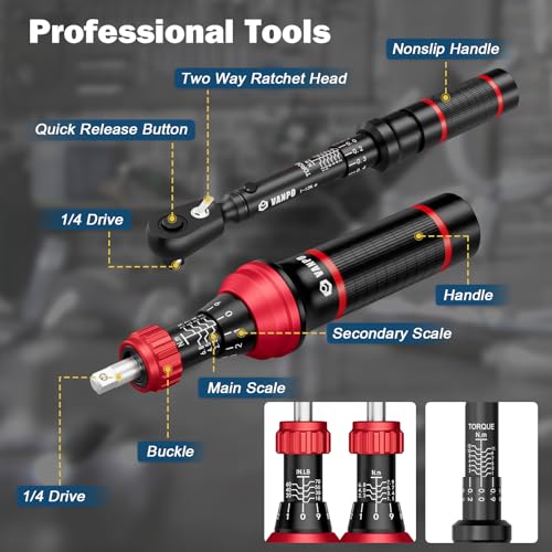 VANPO 49-Pc Torque Screwdriver & Wrench Set, 10-70In-lb & 1-12Nm Dual Range | with S2 Steel Bits & Sockets, for MTB Carbon Bikes, Firearm Optics, Scope Mounting & Professional DIY Repairs - size: 10-70 inlb