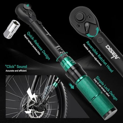 DISEN 46Pcs 1/4" Click Torque Wrench Set 1-26 N.m, ±3% Accuracy, 72-Tooth Reversible Ratchet, Quick Release, with Sockets & Bits, for Bike Motorcycle Precision Repair - size: 46 PCS Set (1/4inch)
