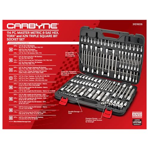 CARBYNE 114-Piece Master Metric & SAE Hex (Allen), Torx and XZN Triple Square Bit Socket Set | S2 Steel Bits, CrV Steel Sockets, Corrosion Resistance, Durable Case | 1/4", 3/8" & 1/2" Dr.