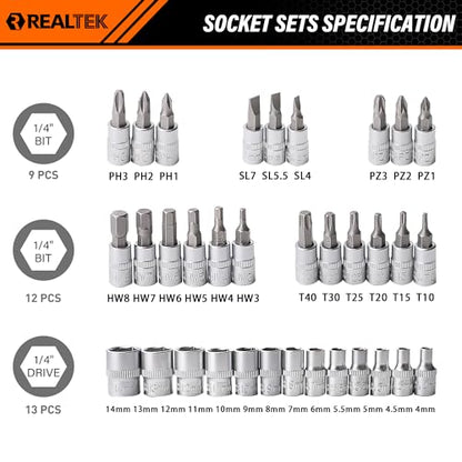 REALTEK 66 Pieces 1/4 inch Drive Socket Set, Ratchet Set with 72 Tooth Reversible Ratchet & Bit Socket Set, Professional Tool Set for Auto Repairing and Household - size: 66 Pieces 1/4" Drive Socket Set