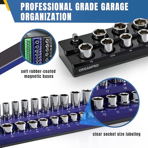 Magnetic Socket Organizer, 143-Socket Holder Tray Set| Strong Base | 3-Color Coded Tool Box Drawer Storage for 1/4", 3/8", 1/2" Drive (Metric/SAE), Non-Scratch Rubber Coated(Socket not Include)