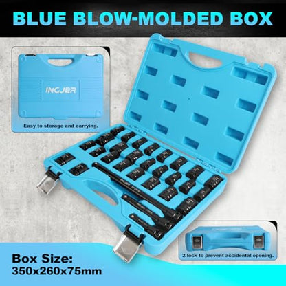 1/2 Impact Socket Set, 29PCS Shallow, SAE (3/8 to 1 inch) and Metric (10-24mm) Sizes with Extension Bars Standard Shallow Socket Set CR-MO Material High Torque Truck Bearing Locknut - size: 1/2inch 29PCS SHALLOW