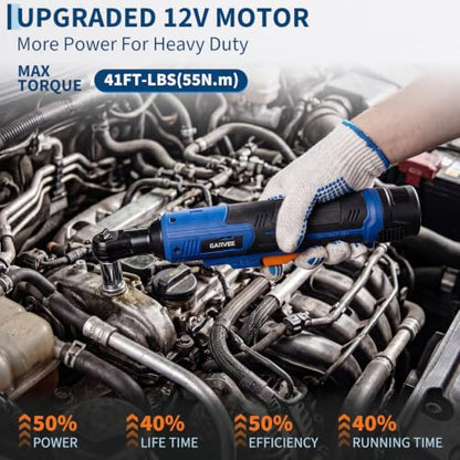 3/8" Cordless Ratchet Wrench Set, 45Nm High Torque Electric Ratchet with 300RPM Variable Speed, Fast Charger, 21V Max & 2×2.0Ah Batteries, 10 Sockets, LED Work Light and Case