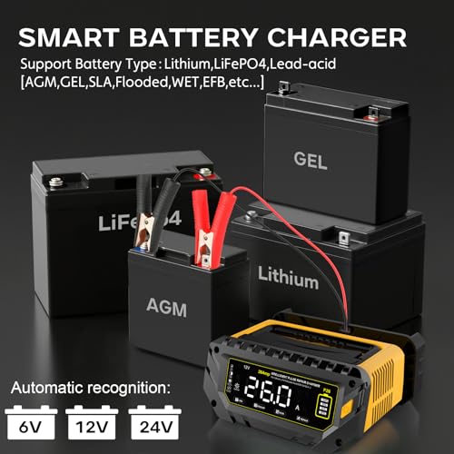 26 Amp Battery Charger, 6V/12V/24V Lithium LiFePO4 Lead Acid Smart Car Battery Charger, Automotive Maintainer Trickle Charger for Car, SUV, Motorcycle, Boat, Lawn Mower