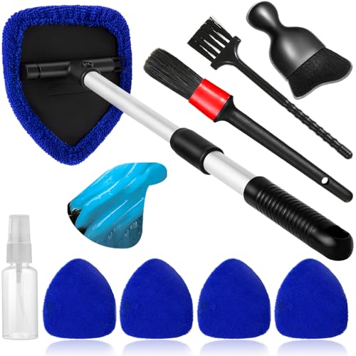 Qydipclin 10pcs Windshield Cleaner Tool, Car Window Cleaning Wash Kit with 4 Reusable Microfiber Pads 1 Spray Bottle and Extendable Handle Auto Glass Wiper Kit, Blue - color: Blue