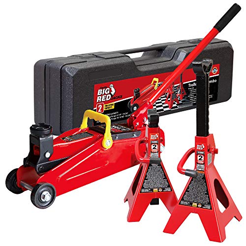 BIG RED T82001S Torin Hydraulic Trolley Service/Floor Jack Combo with 2 Jack Stands and Blow Mold Carrying Storage Case, 2 Ton (4,000 lb) Capacity, Red - color: Red, size: With Jack Stands And Case, style: 2 Ton