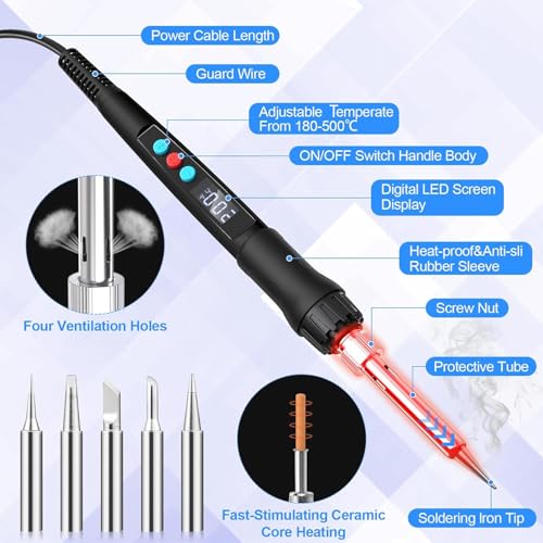 Soldering Iron Kit, 100W LED Digital Solder Gun kits with Ceramic Heater, Adjustable Temperature Welding Tools with Tips, Wick Braid, Stand, Solders Wire, Sponge, Flux Paste, Black - color: Black
