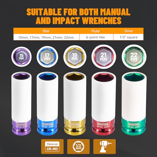 KOOPOOL 1/2" 5-Pc Lug Nut Socket Set 15-22mm Thin Wall w/Sleeve | 5-pc metric 15-22mm lug nut socket set. Non-scratch nylon sleeve. Cr-Mo steel, color electroplate. Thin wall, color-coded - color: Blue