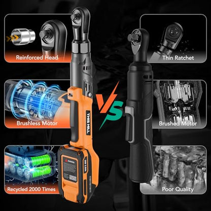 This Hill 3/8" 66 Ft-lbs Brushless Power Ratchet Driver with 2 Pack 15C 2000 mAh Lithium-Ion Battery, 20V 90NM Cordless Electric Ratchet Wrench Set, 1/4" and 1/2" Adapter for Automobile Engine