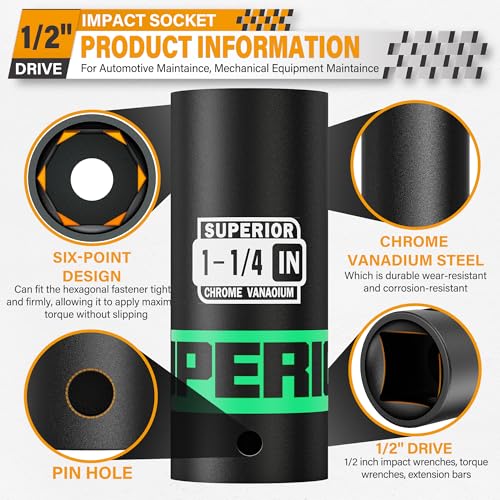 1/2" Drive Impact Socket, 1-1/4 inch Deep Socket, SAE, 6 Point, CR-V, for Car Repair, Loosen the Fastening Nut - size: 1/2" Drive 1-1/4 Inch Deep