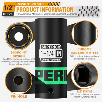 1/2" Drive Impact Socket, 1-1/4 inch Deep Socket, SAE, 6 Point, CR-V, for Car Repair, Loosen the Fastening Nut - size: 1/2" Drive 1-1/4 Inch Deep