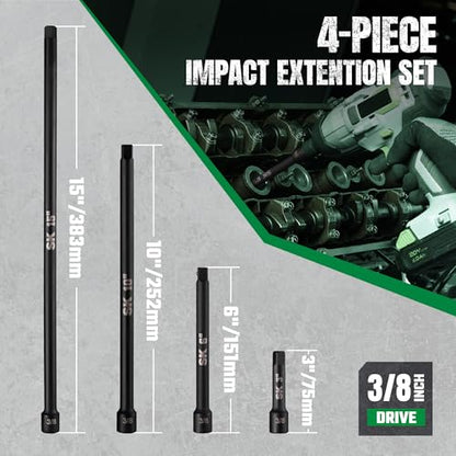 SK 3/8" Drive Impact Socket Extension Set, 3", 6", 10", 15", Cr-Mo Steel | 4-Piece Extension Bar Set, Black Manganese Phosphate Coating, with EVA Foam Storage Tray - size: 3/8-Inch Drive