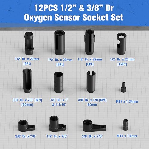 12-Piece Oxygen Sensor Socket Set & Thread Chaser Set, with 22mm 27mm 29mm 7/8" 1-1/16" Sockets 1/2" 3/8" Drive, for Oil Pressure, Vacuum, Thermal Sensors - size: 12-Piece