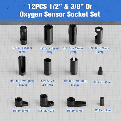 12-Piece Oxygen Sensor Socket Set & Thread Chaser Set, with 22mm 27mm 29mm 7/8" 1-1/16" Sockets 1/2" 3/8" Drive, for Oil Pressure, Vacuum, Thermal Sensors - size: 12-Piece