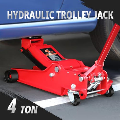 PM PERFORMOTOR Low Profile Hydraulic Trolley Service/Floor Jack, 4 Ton (8000 lbs) Capacity, Lifting Range 4.5"-20", Red, PM-TOL-FJ40-RD - color: Red