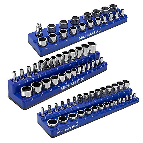 MichaelPro Magnetic Socket Organizer, Socket Tray, 3-Pc 1/4-inch, 3/8-Inch, & 1/2-Inch Magnetic Organizer Tray in Metric for Toolboxes/Cabinets| MP014002 - size: Metric