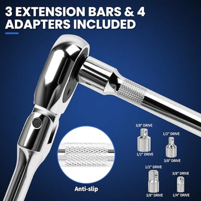 10-Piece Flex Head Ratchet Set, 1/4 3/8 1/2 Inch Drive, Swivel Head Ratchet Wrench with Extension Bars & 4 Adapters, 72-Tooth Quick-Release, EVA Storage Case for Auto & DIY Repairs - color: 10pcs