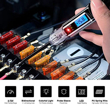 3-72V Backlit Digital LCD Circuit Tester, 140 Inch Wire & 2 LED Lights | ±0.2V Accuracy, Bidirectional Voltage Tester, Low Power, Anti-Lost Probe Protective Tip, LCD Digital Blue Backlight Display