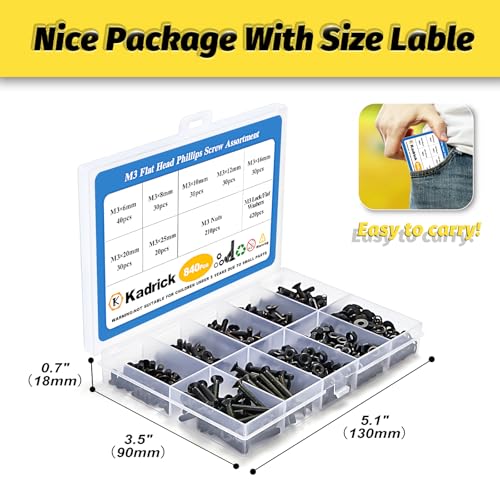 KADRICK 840Pcs M3 Countersunk Screws,M3 Flat Head Screws,Phillips Bolts Nuts Washers Assortment Kit,Zinc Plated,Lenth of 6MM-25MM - size: M3 840Pcs 6-25mm