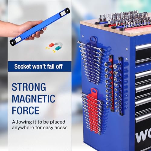 WORKPRO 8-Piece Magnetic Socket Rail and Magnetic Wrench Organizer Set | 6-Piece Socket Organizers, 1/4" 3/8" 1/2" Drive Socket Holders, 2-Piece Wrench Holders, For Metric SAE Wrenches