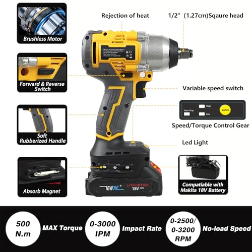 NEWONE Crodless Impact Wrench with 2.0AH Battery, 370 Ft-lbs (500N.m) Impact Gun 1/2 inch,20V Powered Brushless Motor Wrench with 6pcs Drill/Driver Bits,4 Sockets,Charger - color: Yellow Impact Wrench