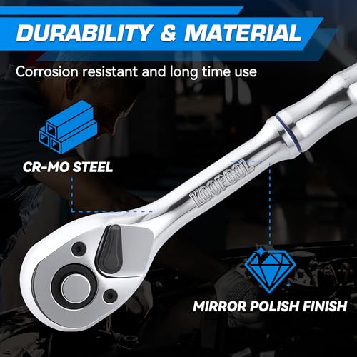 KOOPOOL 3-Piece Ratchet Set, 1/4", 3/8", 1/2" Drive | 72-Tooth, Quick Release, Reversible Socket Wrench, Chrome Alloy