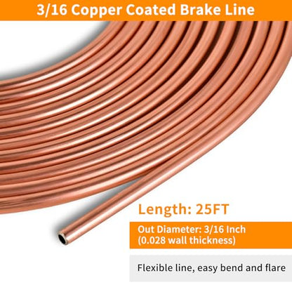 MuHize 25 ft 3/16" Copper Coated Brake Line Kit, Brake Line Flaring Tool | Includes 16 fittings and 4 unions fittings + double & single flaring tool kit + tube cutter + 5 adapters & tube bender - size: Gold Brake Line Tool Kit with Tube Cutter