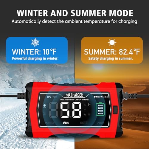 Lithium/LiFePO4/Lead Acid Battery Charger Smart Battery Trickle Charger 12V/24V 10A/5A Automotive Battery Maintainer Desulfator Temp Compensation for Car Truck Motorcycle Lawn Mower Marine RV