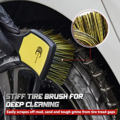 BMLEI Wheel & Tire Brush Set, 2 Pack Car Wheel Brush & Tire Cleaner Brushes, Soft Bristle Rim Brush and Stiff Tire Scrub Brush, Scratch-Free Wheel Cleaning Kit for Car Detailing, Trucks, SUVs - color: Yellow&black