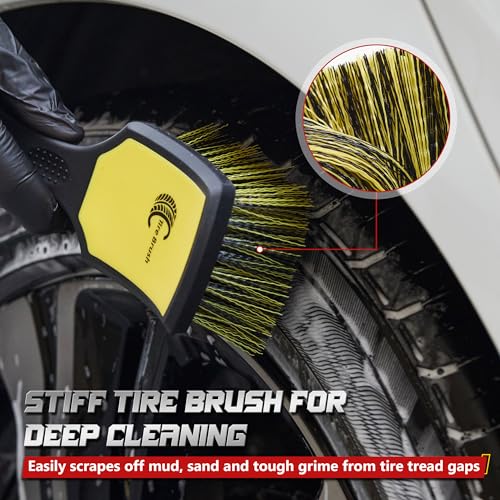 BMLEI Wheel & Tire Brush Set, 2 Pack Car Wheel Brush & Tire Cleaner Brushes | Soft Bristle Rim Brush, Stiff Tire Scrub Brush, Scratch-Free Wheel Cleaning Kit for Car Detailing, Trucks, SUVs - color: Yellow&black