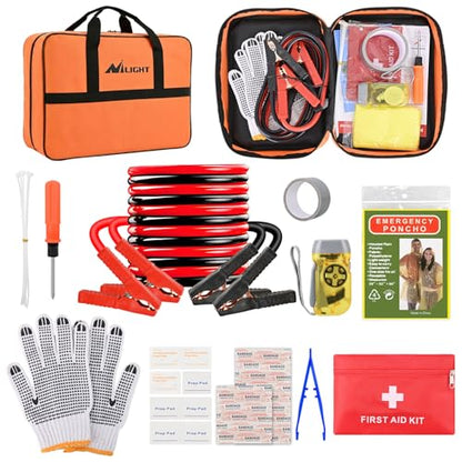 Nilight Car Emergency Kit with Jumper Cable, First Aid Kit Safety Assistance Tools for Travel Camping Outdoor Cars Truck SUV RV, Roadside Essentials with Flash Light - color: Essential Kit+Flash Light