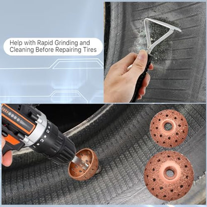 Supkiir Tire Repair Patch Tools Tire Buffing Wheels, 42 mm 55mm Tungsten Steel Buffing Wheel and 6mm Tire Patch Roller with Scraping Cutter for Car Truck Tire Grinding Polishing Accessories Kit