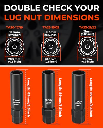 3 Piece 10 Spline Lug Nut Socket, Compatible with Bimecc 10 Spline Lug key | 10 Point Lug Nut Key For Truck Large SUV with 13/16 and 7/8 Hex Drive, CR-MO - color: Ta23-21/22 - 3 Piece Set