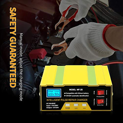 MDEOOSKY Car Battery Charger 12V / 24V, 6AH~105AH Portable Trickle Charger and Maintainer with Auto/Manual Modes for Motorcycle, Marine, Truck, Boat, Lawn Mower Lead Acid Battery or Lithium Battery