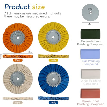 9 Pcs 8 Inch Airway Buffing Wheel Kit, 5/8 Inch Arbor for Angle Grinder | Includes 4 Density-Coded Wheels, 4 Solid Polishing Blocks and Safety Flange for Scratch Removal and Mirror Finishing on Metal