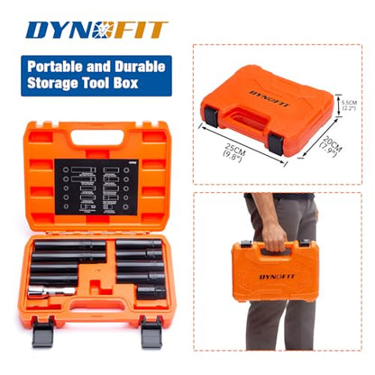 Dynofit Spline Lug Nuts Socket Set (10Pcs) with 1/2" Drive Impact Square End for Spline & Hex Wheel Lock Removal - Fits 5,6,7,10,12 Point Tuner Lug Nuts