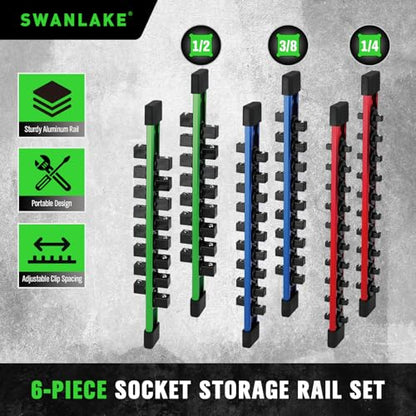 6-piece Socket Organizer Storage Set, 1/4-Inch, 3/8-Inch, 1/2-Inch Double Sided Aluminum Alloy Socket Holder Rail, Drive Socket Trays Holds 108 Sockets, 360° Swivel Clip Socket Holder Kit for Tool Box