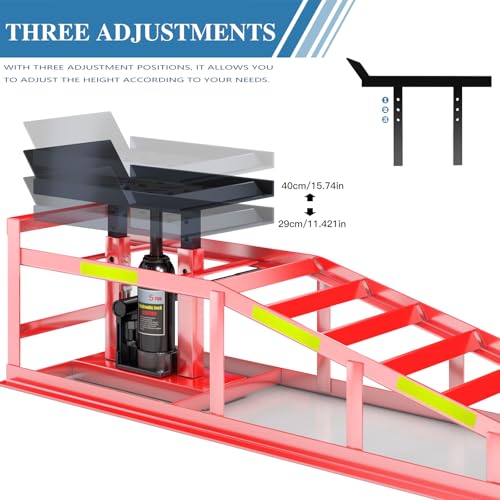 2 PCS Hydraulic Car Ramp, 5T/11000 LBS Heavy-Duty Car Ramp, Hydraulic Oil Change ramp with Built-in high Visibility Reflective Strip, Adjustable Lifting Height of 9.8-15 in Garage Car Ramp,Red - color: Red
