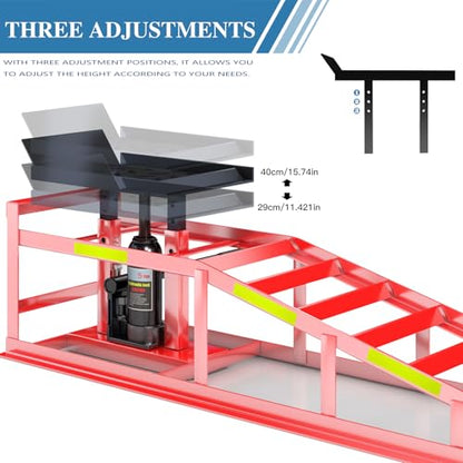 2 PCS Hydraulic Car Ramp, 5T/11000 LBS Heavy-Duty Car Ramp, Hydraulic Oil Change ramp with Built-in high Visibility Reflective Strip, Adjustable Lifting Height of 9.8-15 in Garage Car Ramp,Red - color: Red