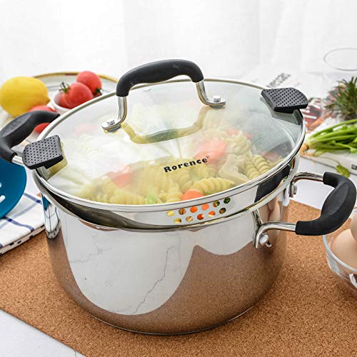 Rorence Stainless Steel Stock Pot with Lid: 6 Quart Stockpot Pasta Pot with Two Side Spouts, capsule Bottom, Strainer Glass Lid - size: 6 quart