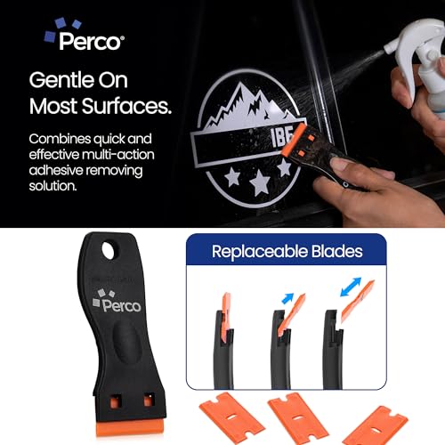 Perco Glue Off Adhesive Sticker Remover 3.3 fl. oz & Scraper with Plastic Razor for Removing Labels (Adhesive Sticker Remover & Scraper w/Plastic Razor) - size: 3.3 Fl Oz (Pack of 1)