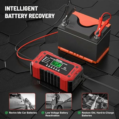 Car Battery Charger 12V 15A Smart Trickle Charger Fully Automatic | Battery Maintainer with Temperature Compensation LCD Display 8-Layer Protection for Car Truck Motorcycle Lawn Mower Boat - color: Red
