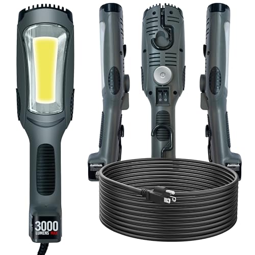 Portable Corded LED Work Light with Outlet in Handle, COB LED, 3000 Lumen 25ft 16AWG 3C SJTOW Cord Handheld Work Light, Strong Magnet, Swivel Hook for Mechanic, Garage, Workshop, Car Repair - color: Gray, size: 25ft