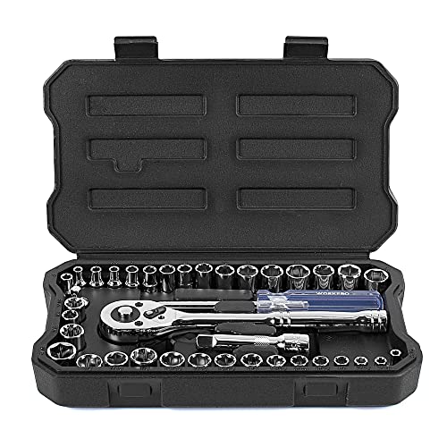 WORKPRO 39-Piece Drive Socket Set 1/4'' & 3/8'', CR-V Metric and SAE Sockets with Quick-Release Ratchet Wrench, Extension Bar, Spinner Handle & Adapter, Compact Mechanics Tool Set for Car Repair - color: Silver