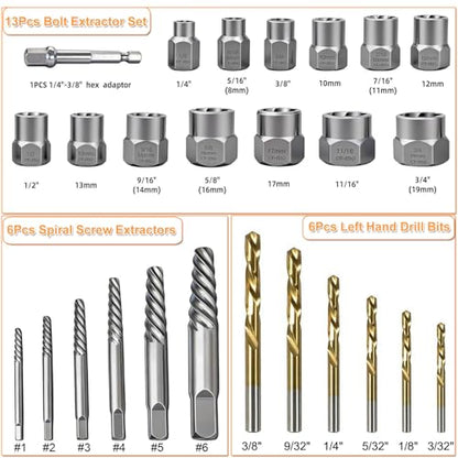 26PCS Screw Bolt Extractor and Left Hand Drill Bits Set, Easy Out Screw Extractor Set,Broken Bolt Extractor Kit, Stripped Bolt Extractor Socket Set for Remove Damaged Screws, Bolts, Studs and Nuts - size: 26PCS