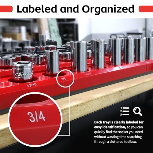 MaxWorks 6-Piece Magnetic Socket Organizer Set SAE & Metric 1/4" 3/8" 1/2" Drive Holders with Strong Magnetic Base for Toolbox & Garage Storage 51080