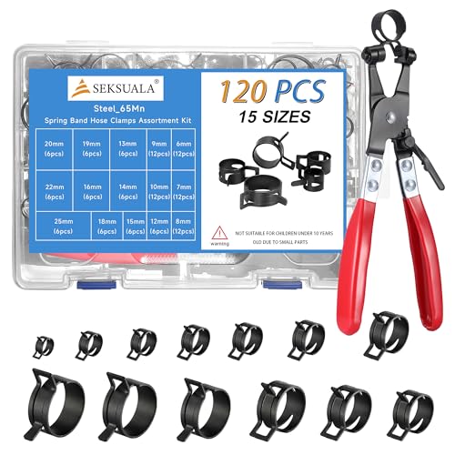 120Pcs 1/4" to 1" (6-25mm) Spring Hose Clamps Set with Swivel Flat Plier – Constant Tension Steel Clamps for Fuel Lines, Silicone, Vacuum, Cooling & Industrial Hoses - size: Black-120Pcs-15Size(6-25mm)