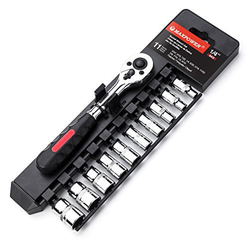 MAXPOWER 11-Piece 1/4" Ratcheting Socket Wrench Set Quick Release Reversible Ratchet Handle and Swappable Spanners Inch Imperial Sockets with Hanging Rack - color: Sae 1/4" Drive
